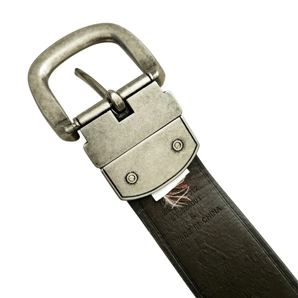 Fossil Keyhole Black Genuine Leather Aged Silver Tone Men's Belt Sz. L